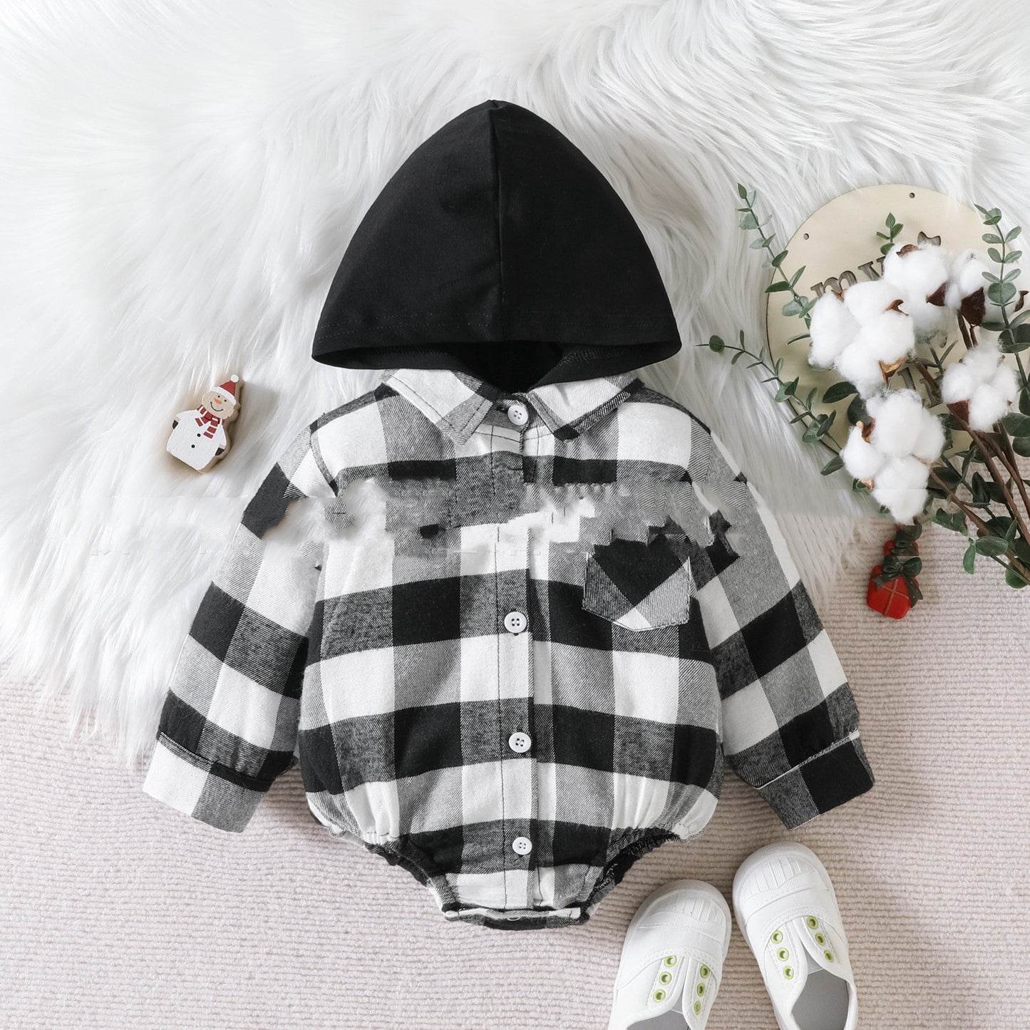 Plaid Button Hooded Jumpsuit