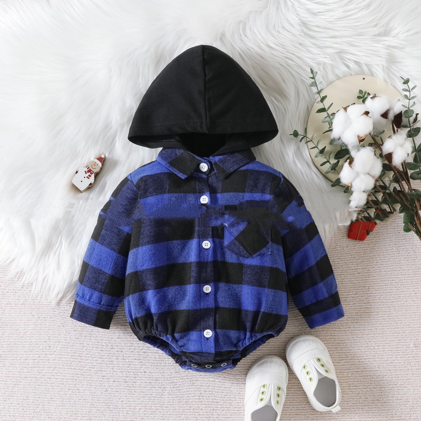 Plaid Button Hooded Jumpsuit